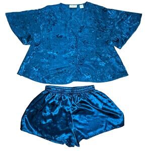 Vintage Victoria's Secret M Gold Label Teal Blue Satin Floral Pajama Set Women's